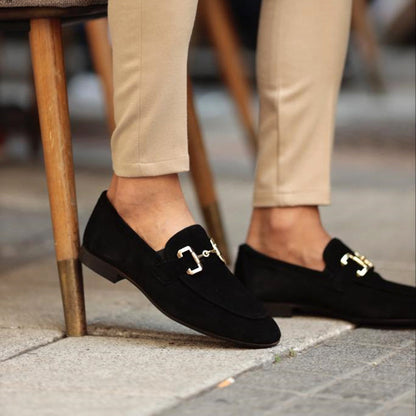 Men's Loafers Black Leather Horsebit Detail Almond Toe