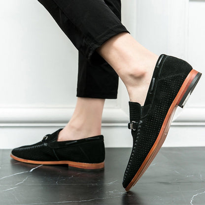 Men's Loafers Black Leather Perforated with Pin Buckle Accent