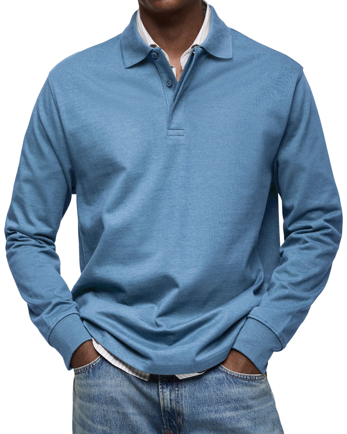 Men's Long Sleeve Polo Shirt Blue Cotton