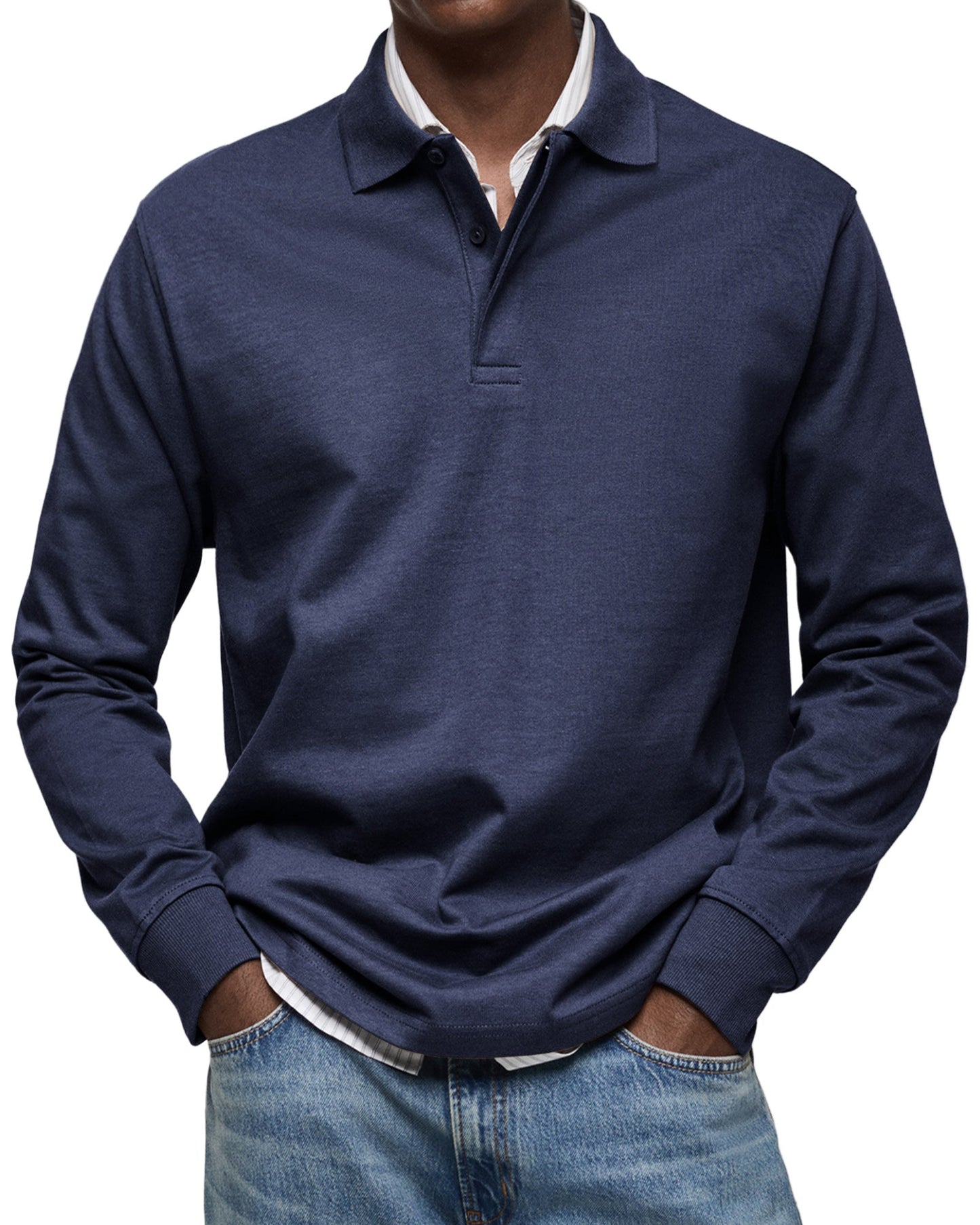 Men's Long Sleeve Polo Shirt Blue Cotton
