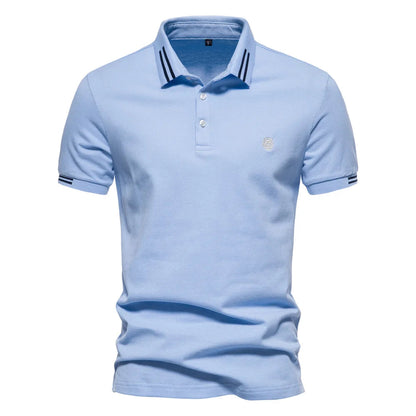 Men's Long Sleeve Polo Shirt Blue Cotton Blend