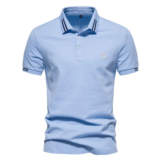 Men's Long Sleeve Polo Shirt Blue Cotton Blend