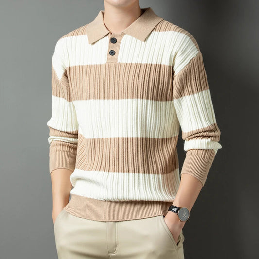 Men's Long Sleeve Polo Shirt Blue Striped Cotton