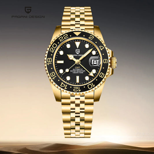 Men's Mechanical Watch with Ceramic Bezel, Automatic Timepiece with GMT Function – Elegant Stainless Steel Strap