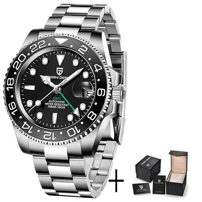 Men's Mechanical Watch with Ceramic Bezel, Automatic Timepiece with GMT Function – Elegant Stainless Steel Strap