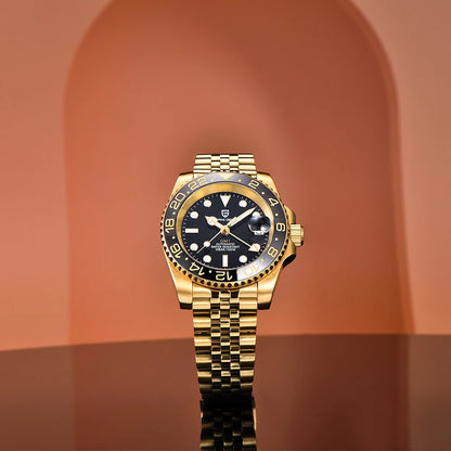 Men's Mechanical Watch with Ceramic Bezel, Automatic Timepiece with GMT Function – Elegant Stainless Steel Strap