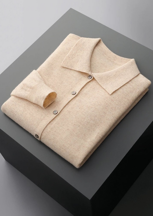 Men's Polo Cardigan Grey Extra-Fine Merino Wool