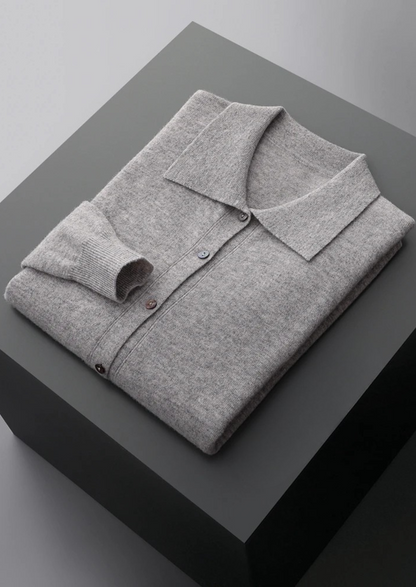 Men's Polo Cardigan Grey Extra-Fine Merino Wool