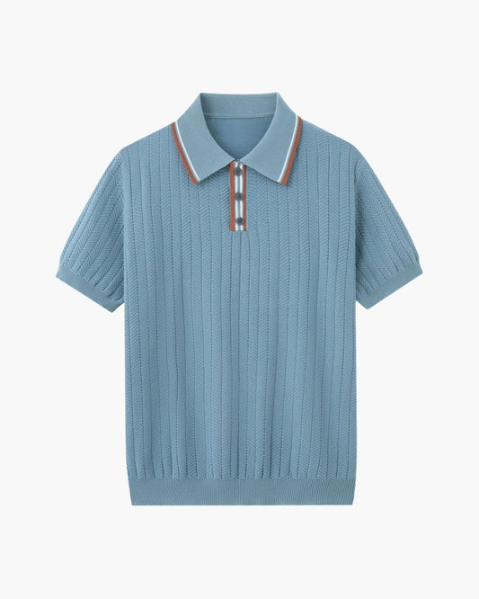 Men's Polo Shirt Light Blue Viscose-Polyester Blend Herringbone 0