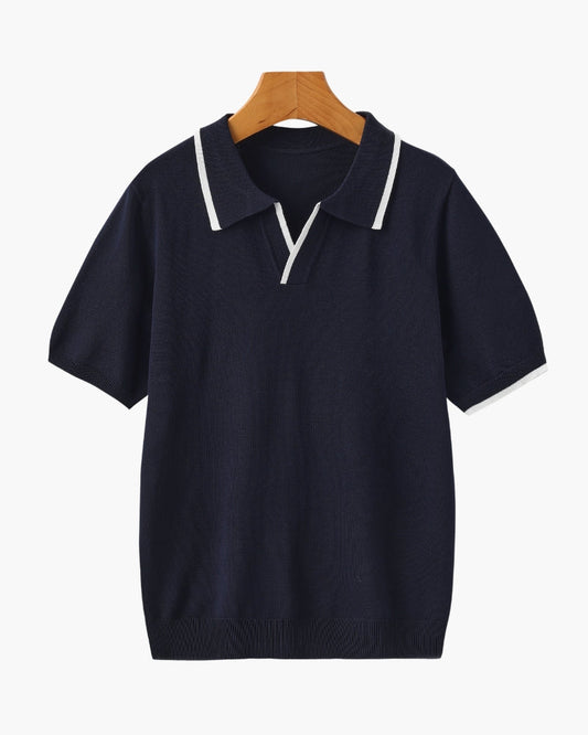 Men's Polo Shirt Navy Blue Knit Contrast Accents 0