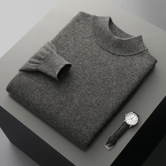Men's Pullover Sweater Gray 100% Merino Wool Stand-Up Collar
