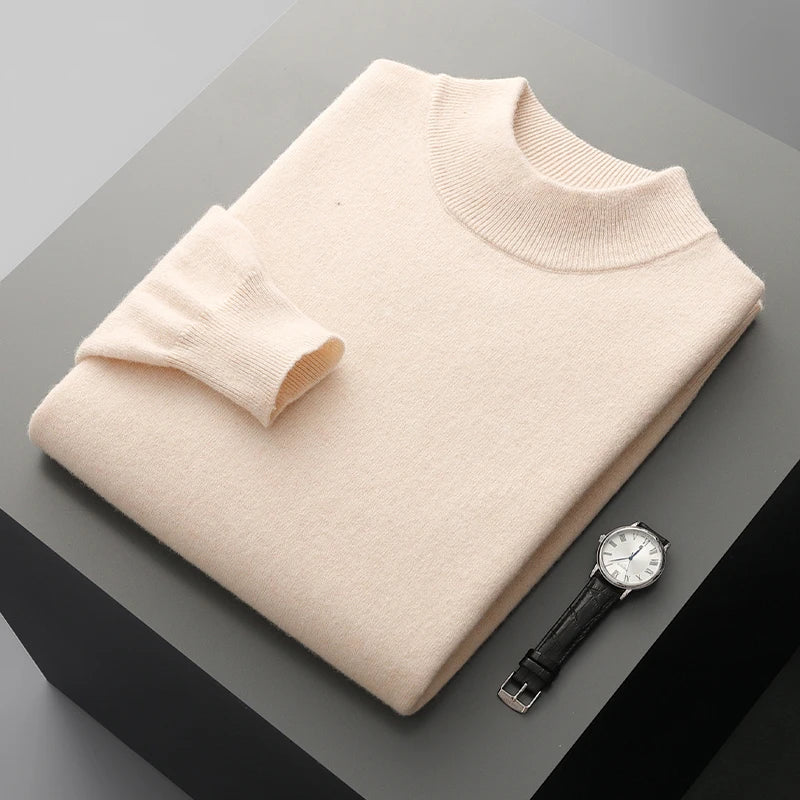 Men's Pullover Sweater Gray 100% Merino Wool Stand-Up Collar