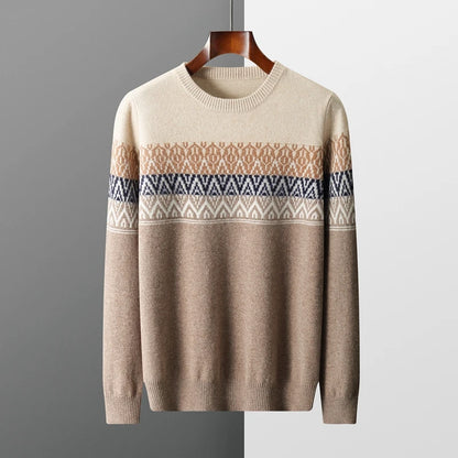 Men's Pullover Sweater O-Neck Retro Jacquard 100% Merino Wool 0