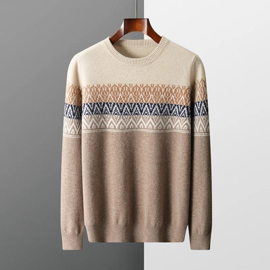 Men's Pullover Sweater O-Neck Retro Jacquard 100% Merino Wool 0