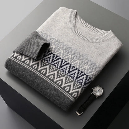 Men's Pullover Sweater O-Neck Retro Jacquard 100% Merino Wool 2