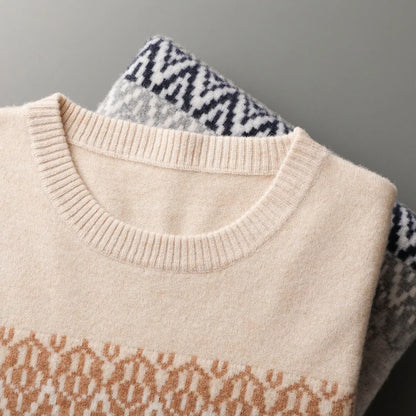 Men's Pullover Sweater O-Neck Retro Jacquard 100% Merino Wool 4