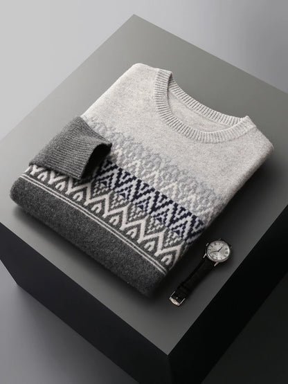 Men's Pullover Sweater O-Neck Retro Jacquard 100% Merino Wool 6