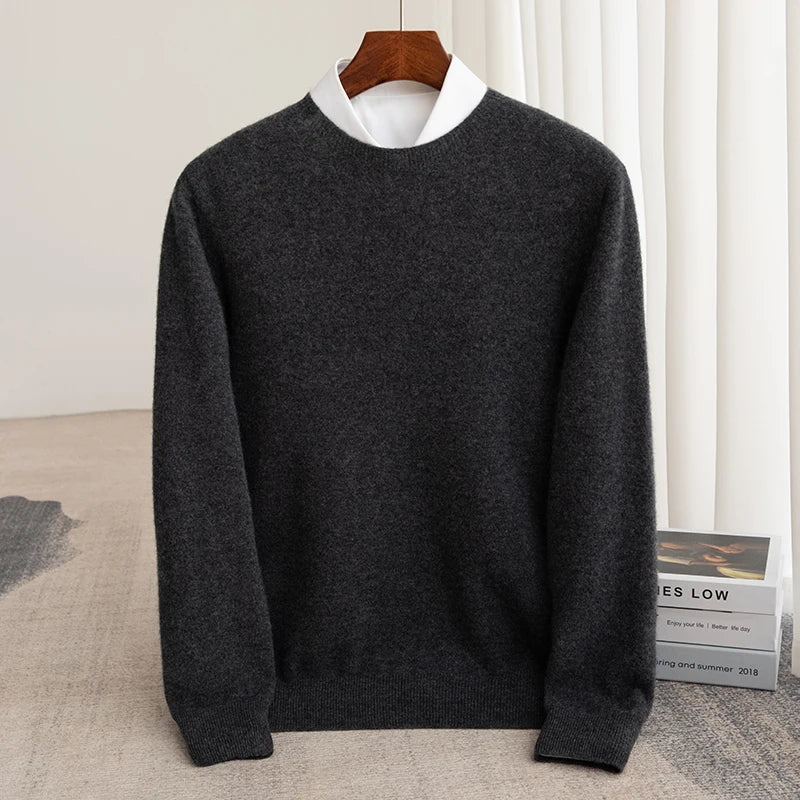 Men's Pullover Sweater Thick O-Neck Gray 100% Merino Wool 6