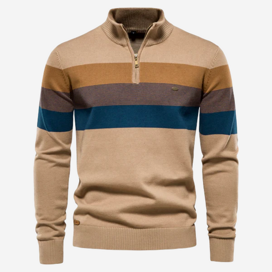 Men's Quarter Zip Sweater Black Cotton with Stripes 0