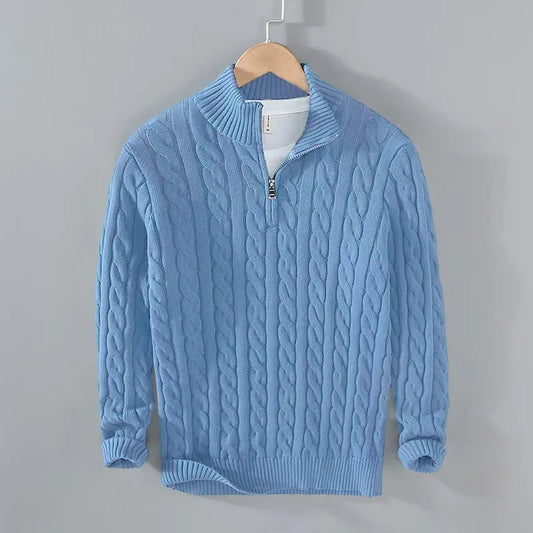 Men's Quarter Zip Sweater Gray Cotton Cable Knit