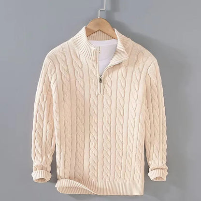 Men's Quarter Zip Sweater Gray Cotton Cable Knit