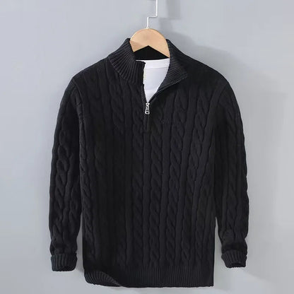 Men's Quarter Zip Sweater Gray Cotton Cable Knit