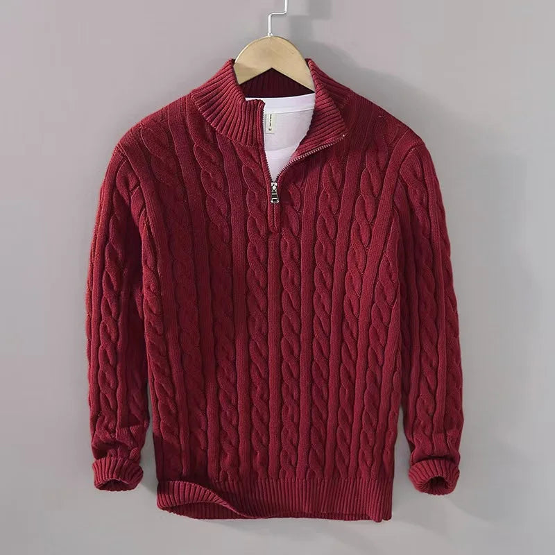 Men's Quarter Zip Sweater Gray Cotton Cable Knit