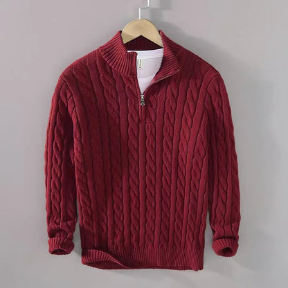Men's Quarter Zip Sweater Gray Cotton Cable Knit