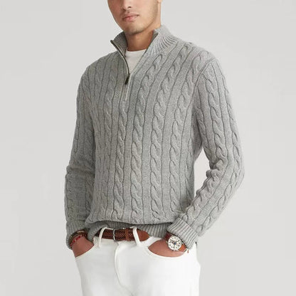 Men's Quarter Zip Sweater Gray Cotton Cable Knit