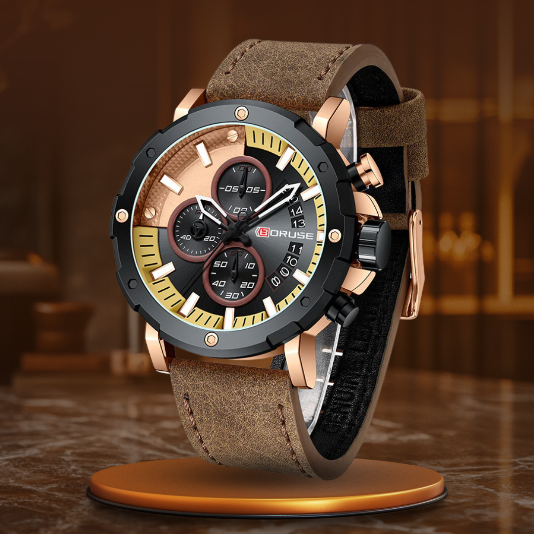 Men's Sport Business Watch with Luminescent Dial and Black Leather Strap 0