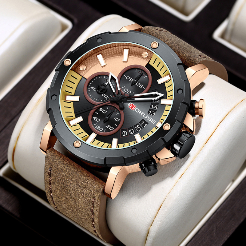 Men's Sport Business Watch with Luminescent Dial and Black Leather Strap 1
