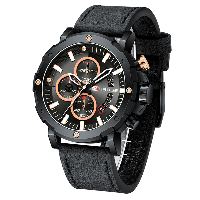 Men's Sport Business Watch with Luminescent Dial and Black Leather Strap 8