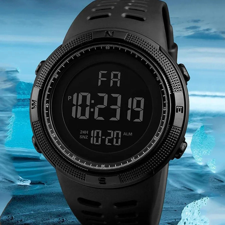 Men's Sports Watch Black Silicone Waterproof Digital Multifunction