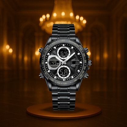 Men's Sports Watch Black Stainless Steel Chronograph