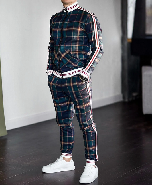 Men's Tracksuit Set Checkered Cotton with Striped Cuffs 0