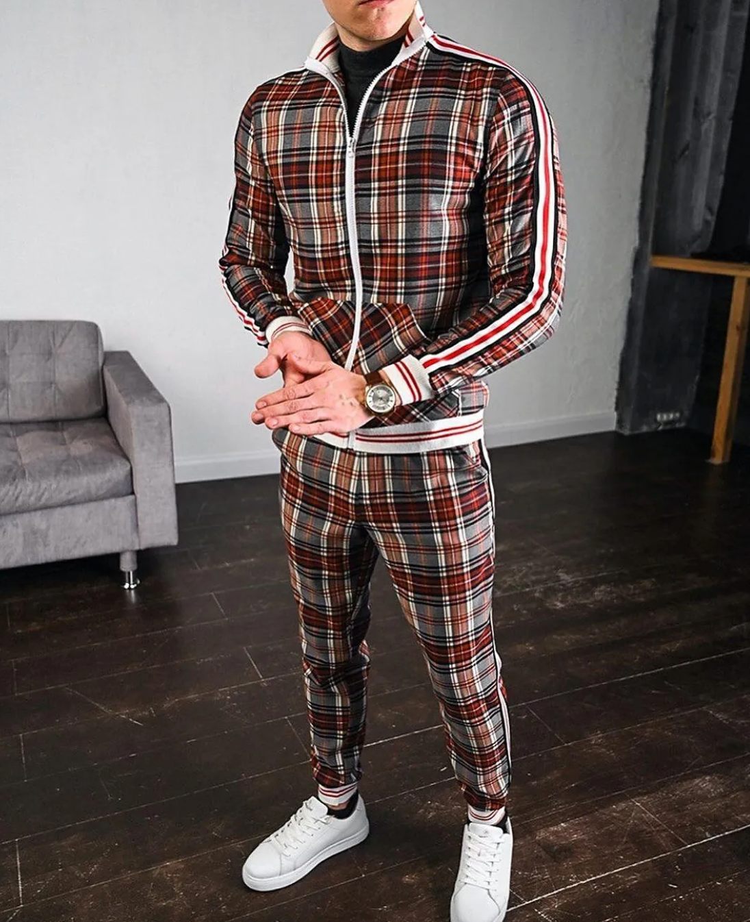 Men's Tracksuit Set Checkered Cotton with Striped Cuffs 4