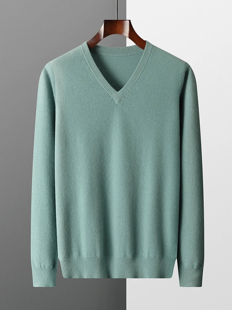 Men's V-Neck Sweater Blue 100% Merino Wool 0