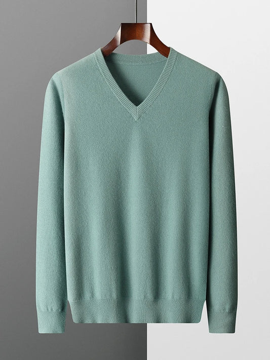 Men's V-Neck Sweater Blue 100% Merino Wool 0