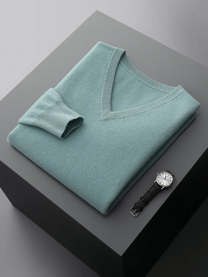 Men's V-Neck Sweater Blue 100% Merino Wool 4