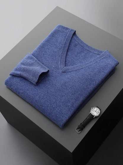 Men's V-Neck Sweater Blue 100% Merino Wool 5