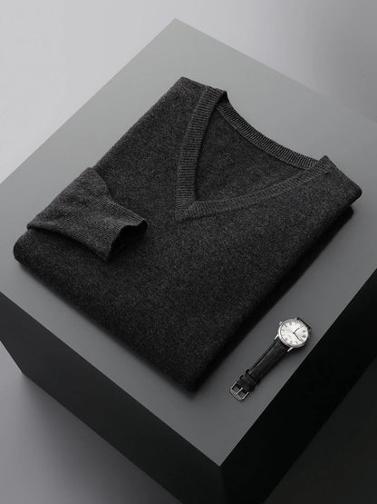 Men's V-Neck Sweater Blue 100% Merino Wool 7