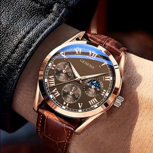 Men's Watch Black Alloy Leather Band