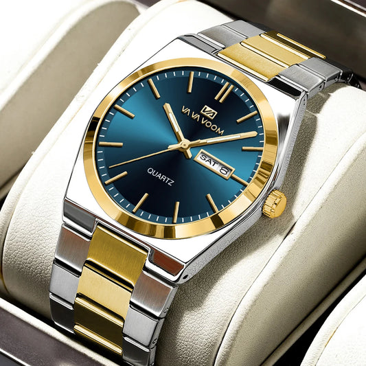 Men's Watch Blue Gold Stainless Steel Luxury Quartz 40mm