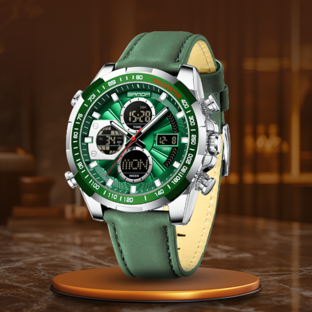 Men's Watch Green Leather Water Resistant Military Sports Design 0