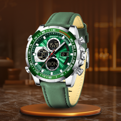 Men's Watch Green Leather Water Resistant Military Sports Design 0