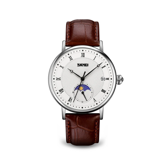 Men's Watch Silver Stainless Steel Leather Moon Phase