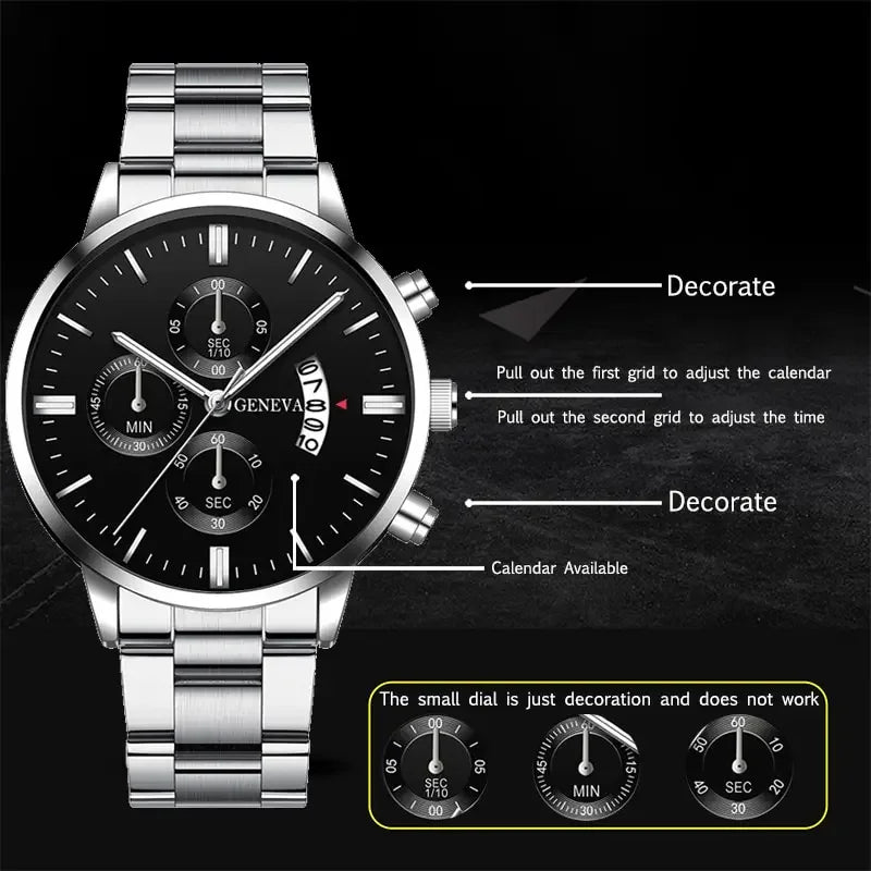 Men's Watch Silver Stainless Steel Quartz Business Style