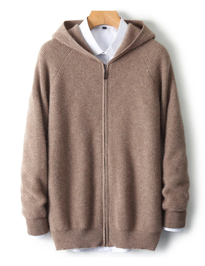 Men's Zip-Up Sweater Grey Merino Wool Hooded Tailored Fit