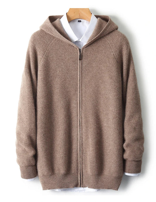 Men's Zip-Up Sweater Grey Merino Wool Hooded Tailored Fit