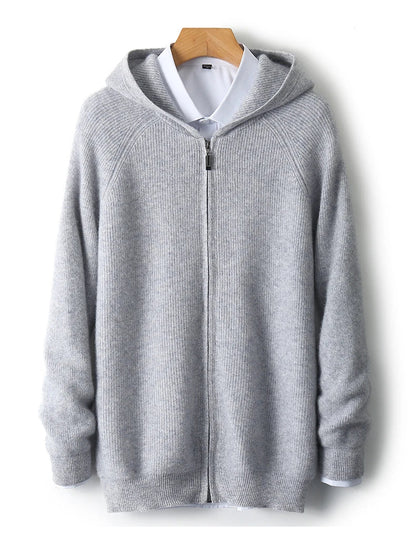 Men's Zip-Up Sweater Grey Merino Wool Hooded Tailored Fit